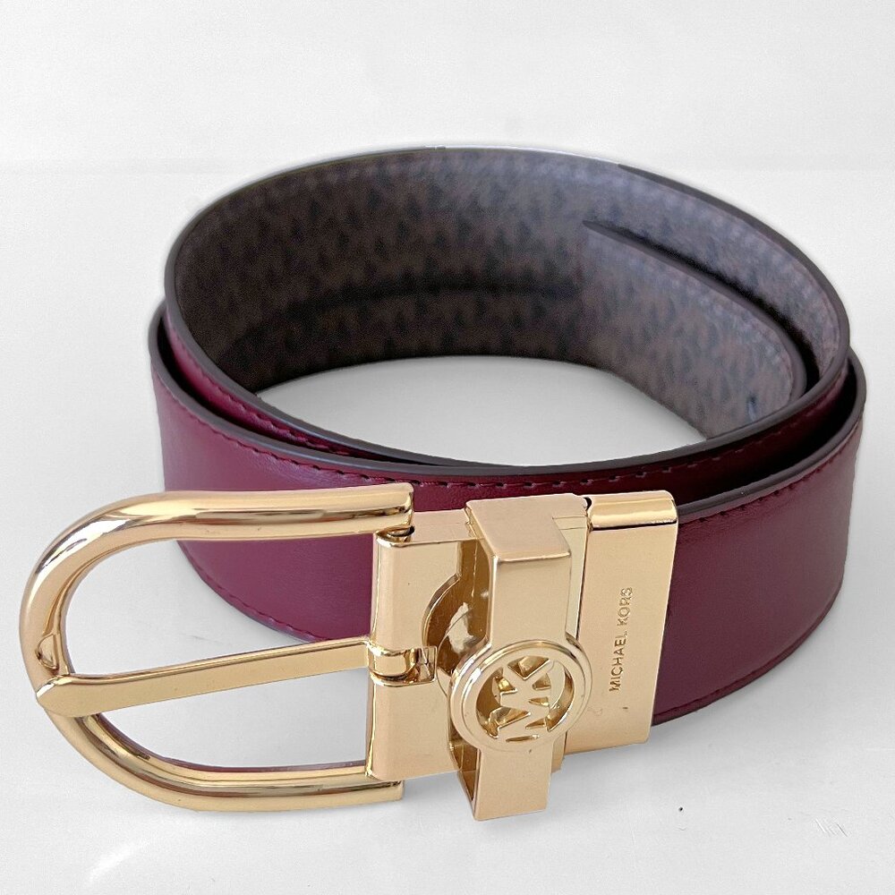 NEW Michael Kors Reversible Leather Burgundy & Monogram Belt, Buckle Logo-Unisex